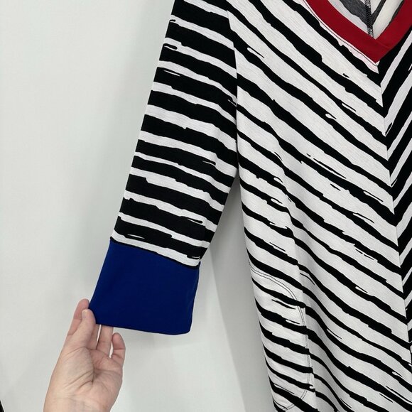 IC BY CONNIE K shirt top tunic striped knit 3/4 sleeve pockets v neck LARGE - Picture 5 of 9